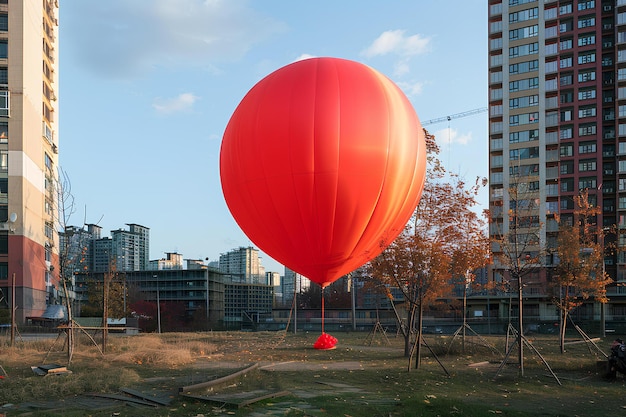 A large red balloon is in the air near a city street and buildings with a person sitting on a