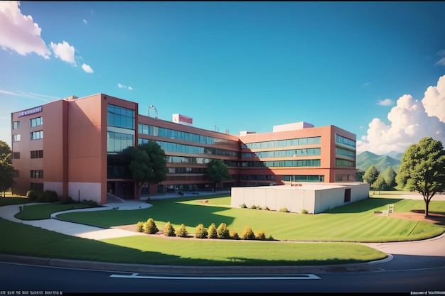 A large red building with a green lawn in front of it