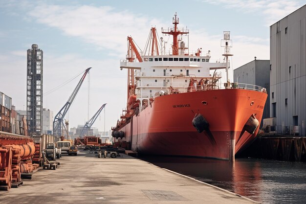 Photo a large red cargo ship is docked in a harbor