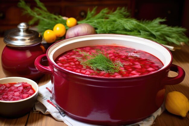 Photo a large red clay pot filled with borscht