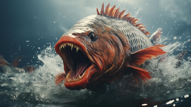 입을 크게 벌리고 있는 큰 붉은 물고기가 물에 뿜어져 나오고 있다