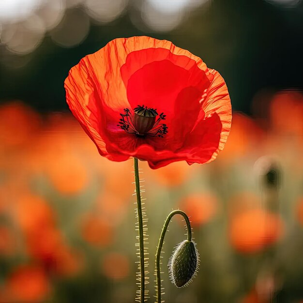 A large red flower in a field of orange flowers