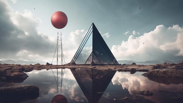 A large red globe stands in front of a large metal object.