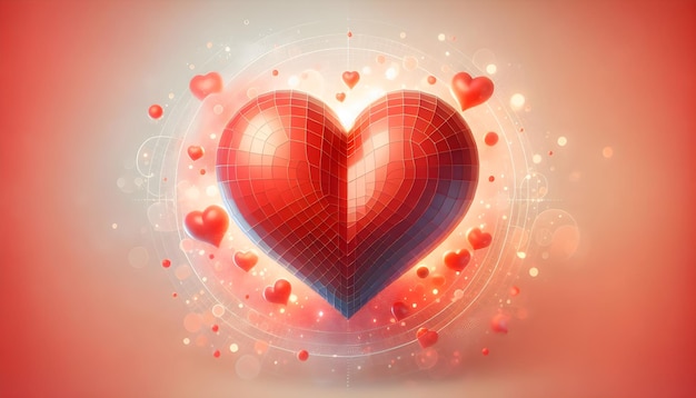 A large RED heart in a modern style against an abstract soft peach fuzz background of bokeh lights
