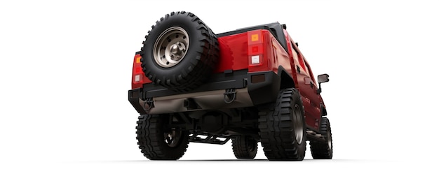 Large red off-road pickup truck for countryside or expeditions on white isolated background. 3d illustration.