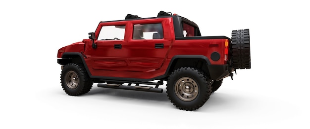 Large red off-road pickup truck for countryside or expeditions on white isolated background. 3d illustration.