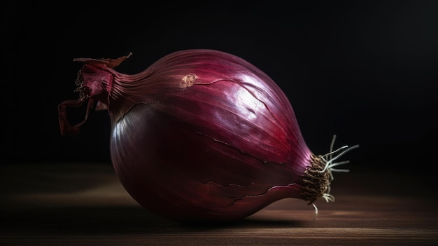 A large red onion on a black background