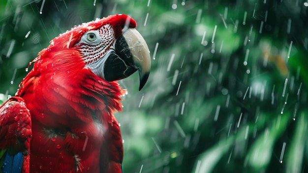 大きな赤いオオカミが雨の中に立っている