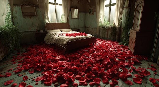 Foto grandi petali di rose rosse sul pavimento di un letto