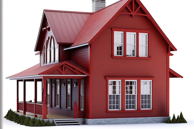 The large red traditional American two story home with terrace is isolated on a white backdrop