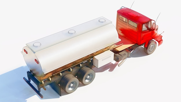 Photo large red truck tanker with a polished metal trailer. views from all sides. 3d illustration.