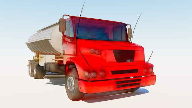 Large red truck tanker with a polished metal trailer. Views from all sides. 3d illustration.