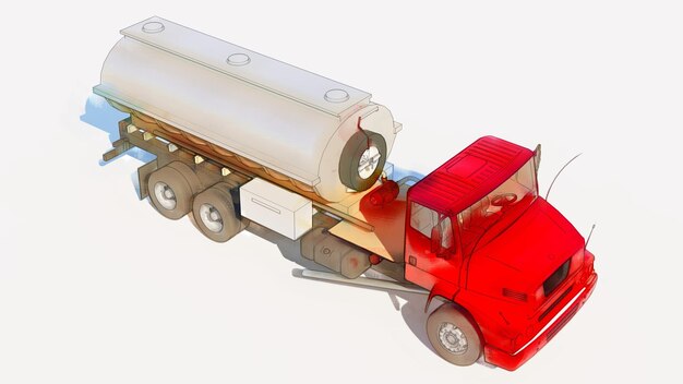 Large red truck tanker with a polished metal trailer. Views from all sides. 3d illustration.