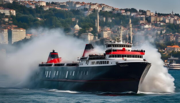 a large red and white ship with the word  ship  on the side