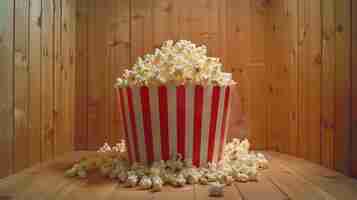 Photo a large red and white striped popcorn bucket is sitting on a wooden table