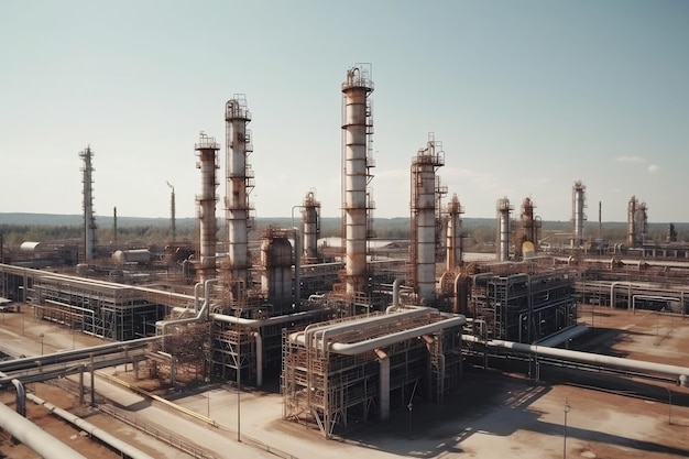 Большой комплекс нефтеперерабатывающих заводов с множеством трубопроводов при дневном свете