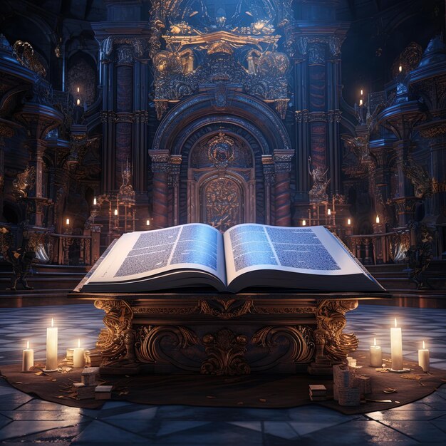 a large religious altar with a large book on the top of it