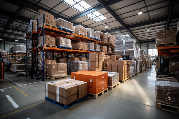 Large retail warehouse with shelves Warehouse storage in cardboard boxes and packages Logistics and transportation background