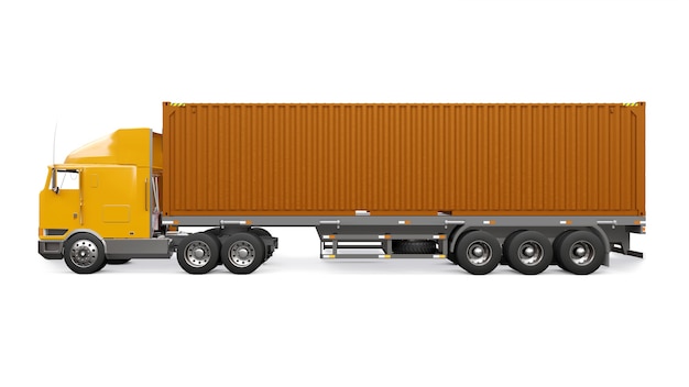 Большой ретро-оранжевый грузовик со спальной частью и аэродинамической надстройкой перевозит прицеп с морским контейнером. 3D-рендеринг.