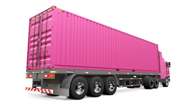 A large retro pink truck with a sleeping part and an aerodynamic extension carries a trailer with a sea container. 3d rendering.