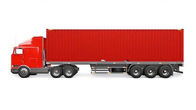A large retro red truck with a sleeping part and an aerodynamic extension carries a trailer with a sea container