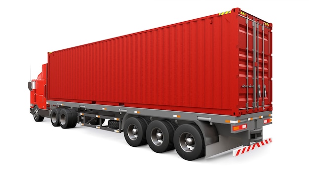 A large retro red truck with a sleeping part and an aerodynamic extension carries a trailer with a sea container