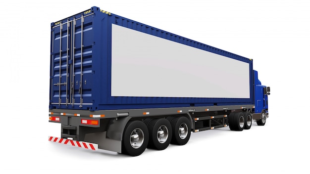 A large retro truck with a sleeping part and an aerodynamic extension carries a trailer with a sea container. On the side of the truck is a blank white poster for your design. 3d rendering.