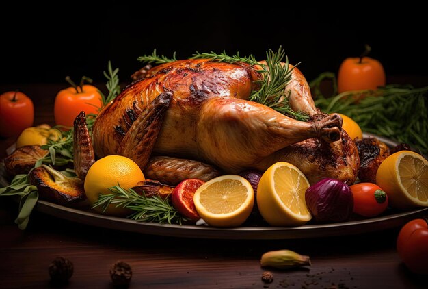 a large roasted chicken served with vegetables in the style of dark orange and