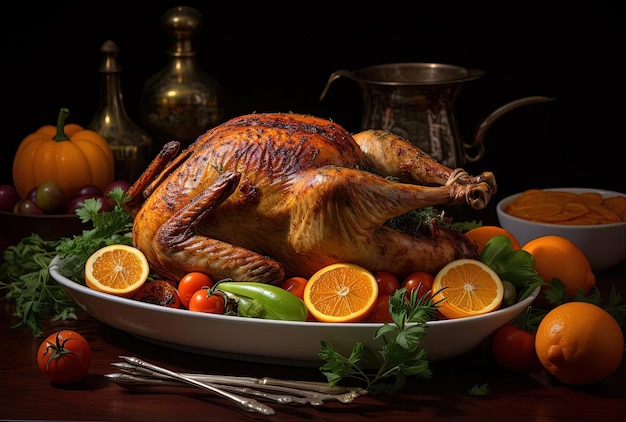 a large roasted chicken served with vegetables in the style of dark orange and