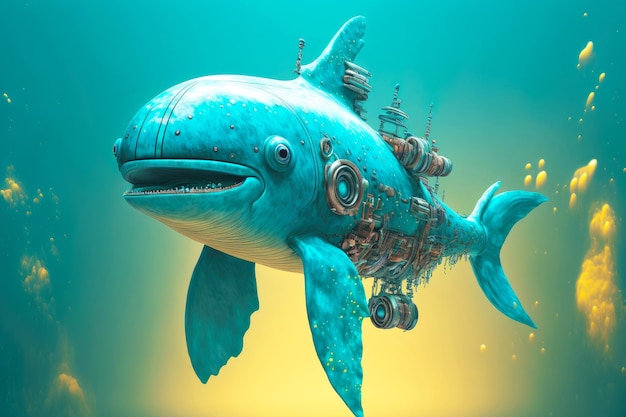 Large robot mechanical fish in form of dolphin swimming under water