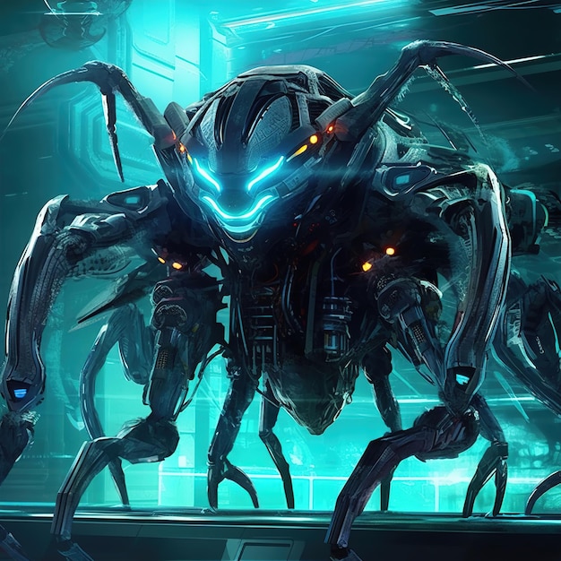 A large robot spider with blue eyes and a blue light on it