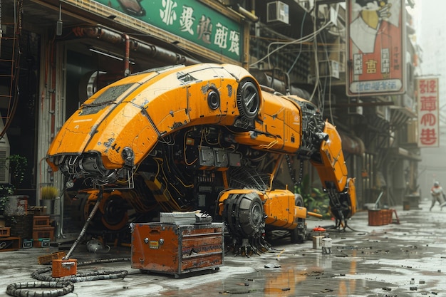 Large Robot Standing on Wet Street