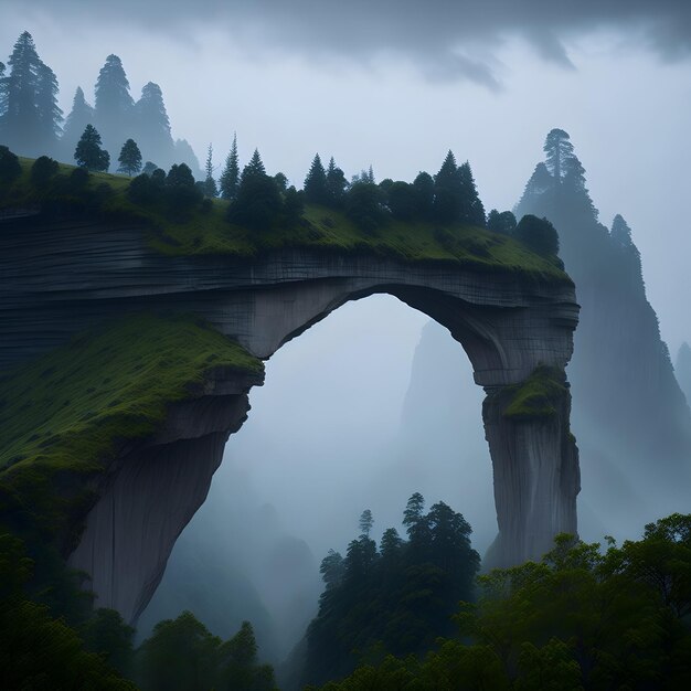 a large rock arch in the middle of a foggy forest