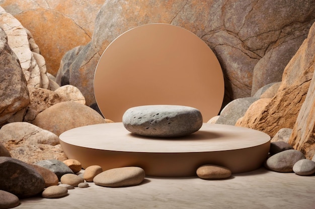 Large rock on a circular platform surrounded by other rocks on peach background Generative AI