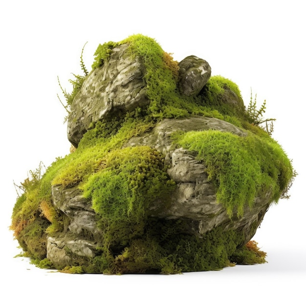 A large rock covered in green moss on a white surface clipart on white background