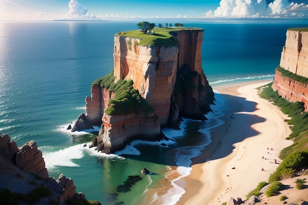 A large rock formation with a beach in the background