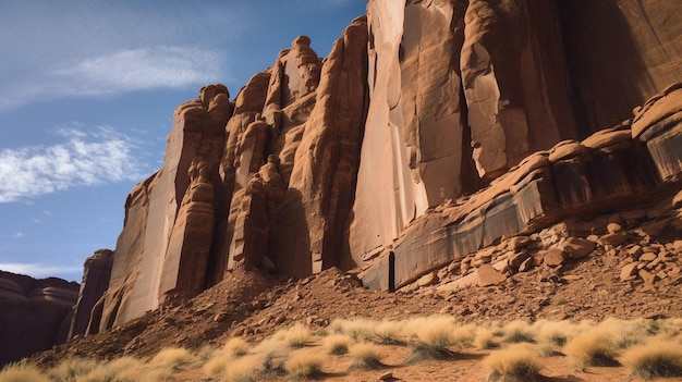 A large rock formation with a fence in front of it