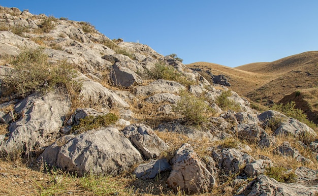 a large rock is on the side of a hill