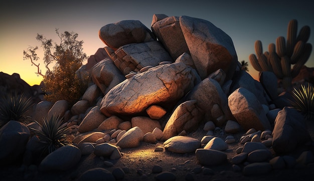 A large rock pile with the sun setting behind it