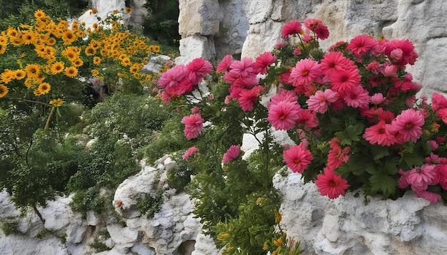 a large rock wall with flowers growing on it