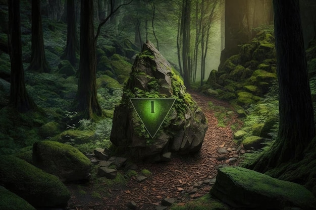 Large rock with arrow pointing the way in a lush forest created with generative ai