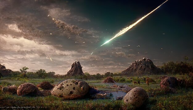 Large rocks in green valley and falling meteor in cloudy sky