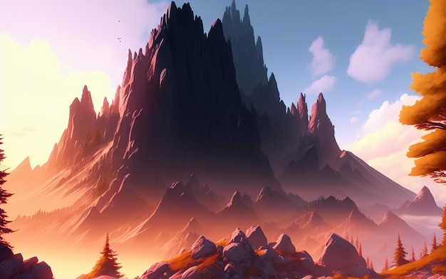 夕日の光を背景にした夏の風景の中の大きな岩山