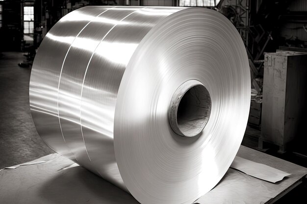 Large rolled aluminum foil rolls produced on factory in aluminum industry generative ai