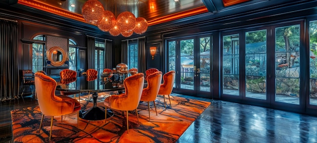 A large room with a black table and orange chairs