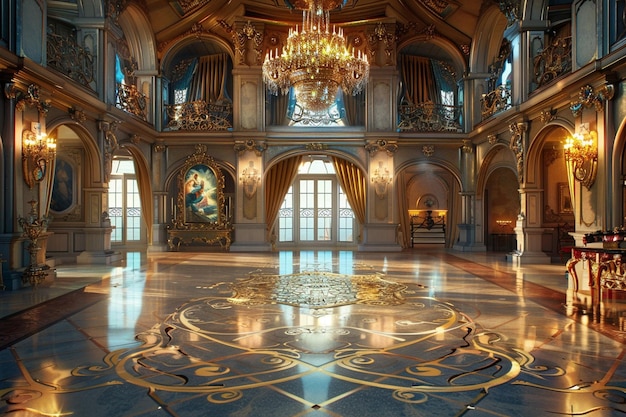 a large room with a chandelier and a chandelier