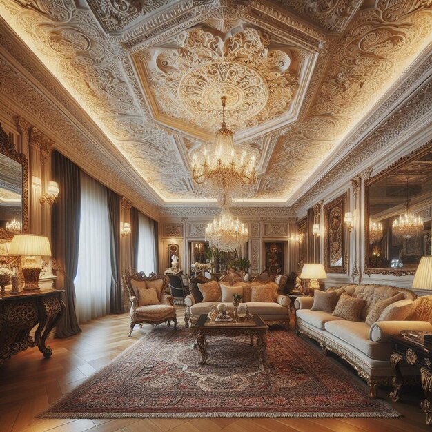 a large room with a chandelier and a couch