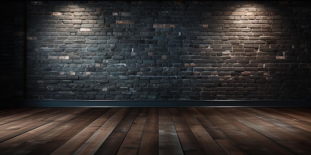 Large room with dark wooden floors and a black brick wall with texture
