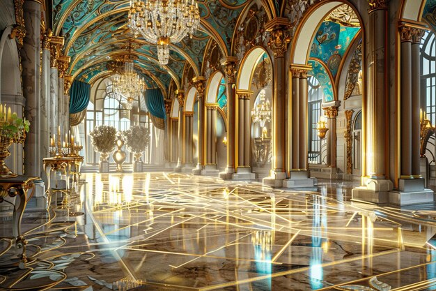 Photo a large room with a gold and blue ceiling and a large window with a gold design