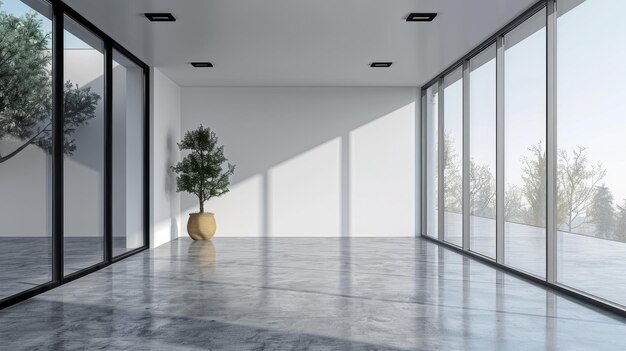 A large room with huge windows in a minimalist style